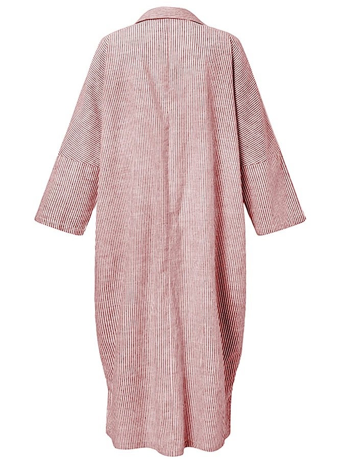 utcoco Womens Striped Long Sleeve Dress Casual Loose Button Down Cotton Maxi Shirt Dress (Large, Red) - Image 3